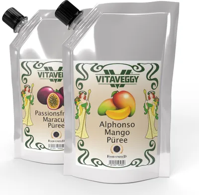 Produktbild von VITAVEGGY MARACUJA MANGO MIX  Früchte-Püree Set 2x 1kg ohne Aroma- Farb- & Konservierungsmittel von Food-United geeignet für Babybrei-Obstbrei Maracuja-Mango-Saft-Smoothie-Sorbet-Schorle-Cocktail-Quark GVO-Frei Glutenfrei & 100% natürlich