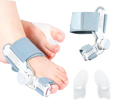 Produktbild von Hallux Valgus Korrektur Set für Damen und Herren, Upgrade Version mit Verstellbarer Hallux Valgus Schiene und 2 Silikon Zehenspreizer für Daumen, Reduziert Hallux Valgus Belastung für Tag und Nacht –