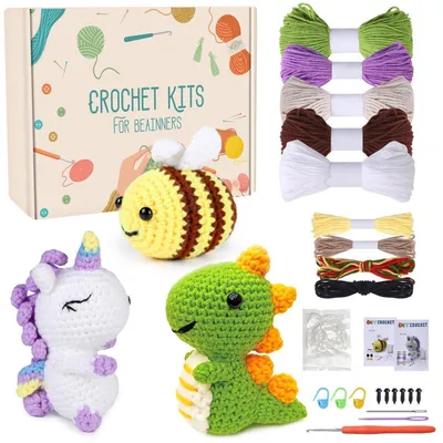 Obrázok produktu pre Sada na háčkovanie zvierat pre začiatočníkov, 3 kusy (včela, dinosaurus, jednorožec) s návodom a príslušenstvom
