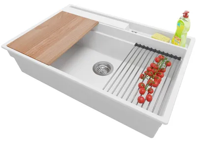 Produktbild von PRIMAGRAN Spülbecken Weiß 78x53cm, Granitspüle 1 Becken + Ablauf-Set + Küchenzubehörset, Küchenspüle ab 80er Unterschrank - Oslo Pocket
