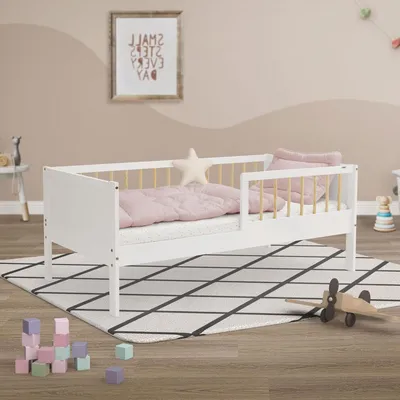 Obrázek produktu pro Dětská postel z dřeva – postýlka pro kojence a batolata – bezpečný spánek – s ochranou proti vypadnutí – rozměry 70x140 cm – bílá, přírodní barva