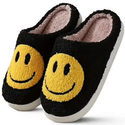 Produktbild von Damen Herren Stoff Hausschuhe Slipper Schlappen Pantoffeln Emoji Schwarz Gr.36/37