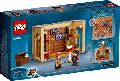 The back of a LEGO Harry Potter Hogwarts Gryffindor Dormitories set box, showing the assembled toy, minifigures, and collectible wizard cards.