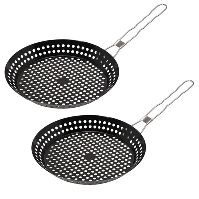 Produktbild von 2er Set BBQ Grillpfanne Ø30 cm Grill Gemüsepfanne Lochpfanne Edelstahl Bratpfanne Grillkorb Grillschale Mit Einklappbarem Griff