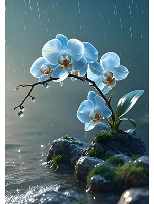 Productafbeelding van Diamond Painting Set: "Mondnacht, Blauwe Orchidee", Ronde Steentjes, 30x40cm, Knutselset, Wanddecoratie
