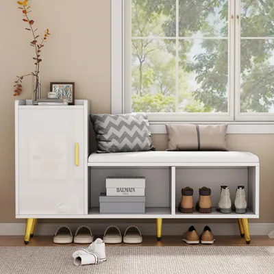 Imagen del producto de Armario para zapatos STILVORA con puerta de alto brillo y espacio de almacenamiento, banco para zapatos con asiento acolchado y estantes, muebles para recibidor con detalles dorados