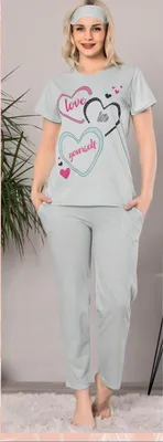 Produktbild von Damen Pyjama Schlafanzug Hellblau L Kurz 3-Teiler Set mit Augenband S-44