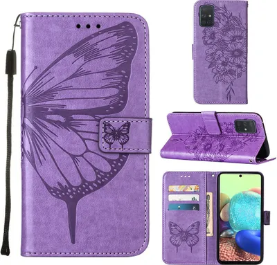 Produktbild von Galaxy A71 5G Hülle, Schmetterling Prägung Flip Leder Kartenfächer Schutzhülle Ledertasche mit Ständer für Samsung Galaxy A71 5G Violett