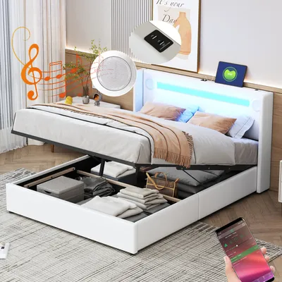A white upholstered bed with LED lighting and open storage, showcasing its features.