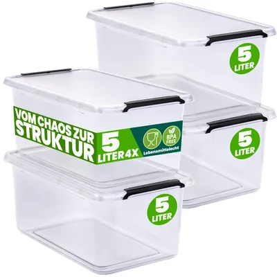 Produktbild von DEUBA® 4x Aufbewahrungsbox mit Deckel 5L Box Kunststoff Kisten lebensmittelecht BPA frei klein Klickverschluss transparent stapelbar Küche Schlafzimmer