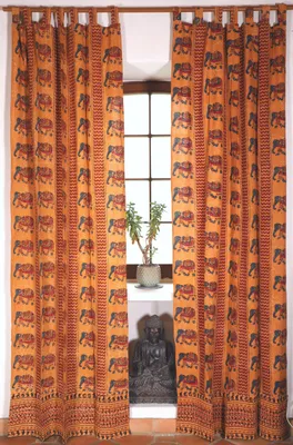 Produktbild von Boho Vorhänge, Gardine (1 Paar ) mit Schlaufen, Handbedruckter Ethno Style Vorhang - Elefant / Gelb, Baumwolle, 290*100*0,2 cm, Dekovorhänge