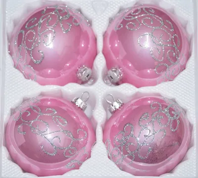 Produktbild von 4 tlg. Glas-Weihnachtskugeln Set 10cm Ø in "Hochglanz-Rosa-Silberne-Ornamente"
