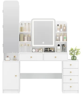 Productafbeelding van Make-uptafel - Kaptafel met spiegel - Verlichting - Sieradenbakje - 8 open vakken - 6 lades - Wit