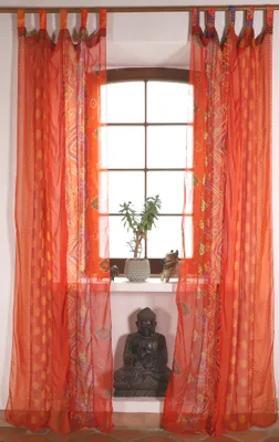 Produktbild von Vorhang 2 Stück Seidige Upcycling Gardine aus Patchwork Sareestoff, Unikat Vorhänge - Orange, Polyester, 250*100*0,2 cm, Dekovorhänge