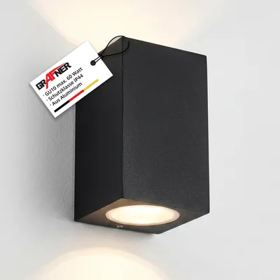 Produktbild von Grafner UP and DOWN Aluminium Wandlampe, schwarz, 2x GU10, IP44, für außen und innen, KEIN ROST – Pulverbeschichtung, oben unten Wandleuchte Lampe Außen Hoflampe Wand Außenleuchte Leuchte eckig