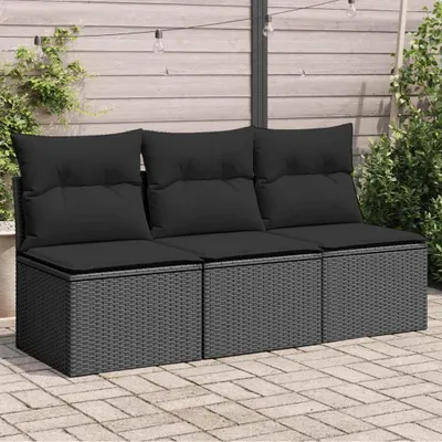 Image de vidaXL Canapé de jardin avec coussins 3 places noir poly rotin