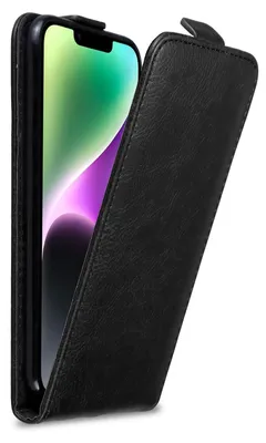 A black leather flip case for an Apple iPhone 14 is shown.