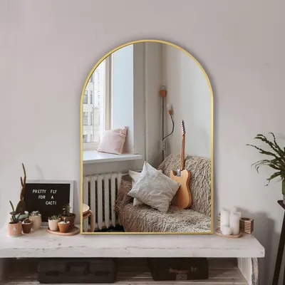 Image de Miroir mural en forme d'arche, 91,4 x 61 cm, avec cadre en métal doré et verre HD, idéal pour la salle de bain et le salon
