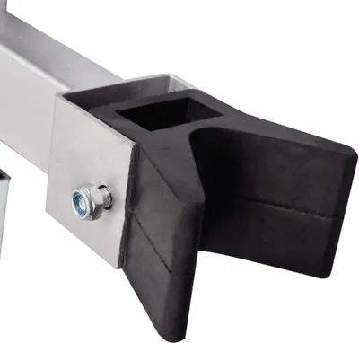 Close-up of a boat trailer bow stop with a rubber insert.
