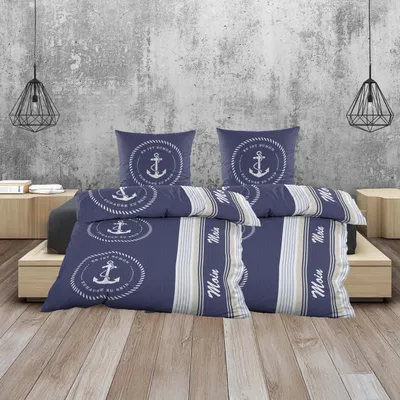 Produktbild von Seersucker Bettwäsche 135x200 "Moin, es ist schön zu Hause zu sein" Marine-Stil 100% Polyester Atmungsaktiv & Pflegeleicht