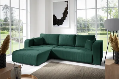 Produktbild von Ecksofas in L-Form ANTONIO CALVIN 288x185x70cm, Schenkel/Ottomane rechts oder links, Schlaffunktion & Bettkästen, Eckarniutur, Bezug - Cord in Dunkelgrün