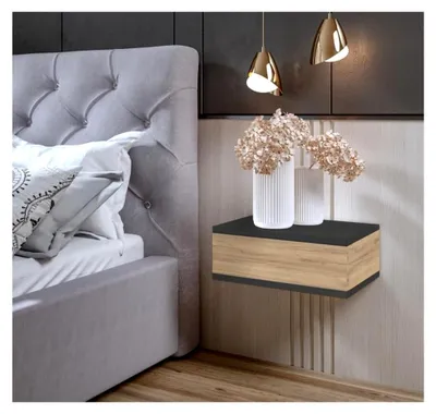 Produktbild von Nachttisch - Hängend mit Schublade - für Schlafzimmer und Jugendzimmer - Modernes Design - Graphit/Handwerksgold