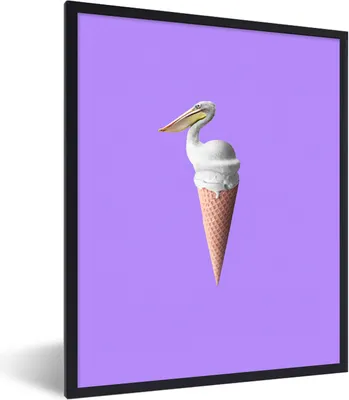 Produktbild von MuchoWow® Gerahmtes Poster Eiscreme - Vogel - Pelikan - Weiß - Eistüte 60x80 cm - Poster mit Schwarzem Bilderrahmen Wandposter Rahmen Foto Bilder - Premium - Wanddeko Wohnzimmer