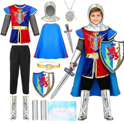 Ritterkostüm für Kinder, 13-teilig, mit Helm, Umhang, Schild & Schwert