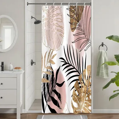 Imagen del producto de Cortina de ducha rosa, diseño tropical, 90 x 180 cm, con 6 ganchos