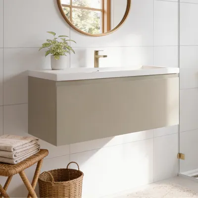 Produktbild von LOMAZOO Badezimmermöbel Greige 100cm - Weißes Waschbecken - Beige-Graues Waschbeckenmöbel - Schwebender Waschbeckenunterschrank [MODENA]