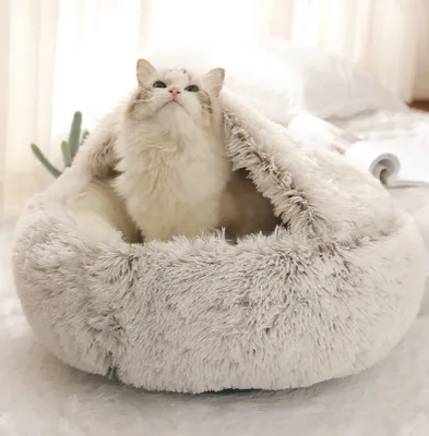 Produktbild von MCBOSON 2 in 1 Halbgeschlossenes Katzenbett, Warmes Haustiernest im Winter, Muschelförmiges Katzennest aus Plüsch, 40 × 40 cm, Hellbraun