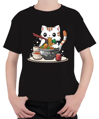 Produktbild von Kawaii Neko Katze Ramen Nudel Suppe Japan Anime Manga süß Cartoon Kinder T-Shirt, Schwarz, 116