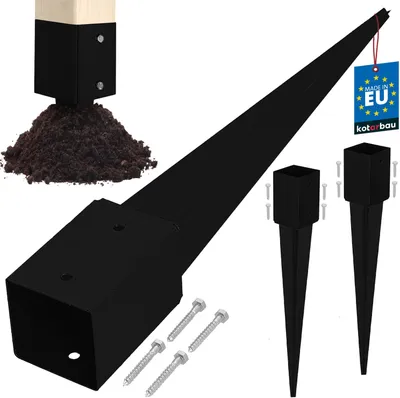 A set of black metal post anchors with pointed bases for ground insertion, along with a wooden post section partially inserted into the ground and screws.