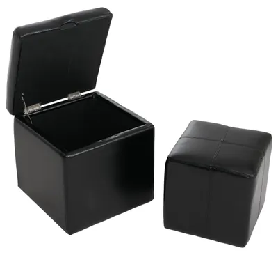 Image de lot de 2 tabourets poufs Onex, cuir + similicuir, 45x44x44cm FSC®- ~ noir