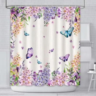 Produktbild von Bunter Duschvorhang mit Schmetterlingsmotiv (180 x 180 cm) und Aquarellblumen, Badezimmerdekoration, strapazierfähiges, wasserdichtes Polyestergewebe mit 12 Haken