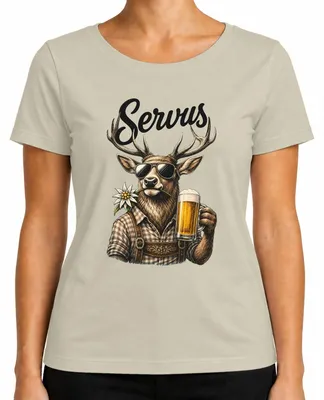 Produktbild von Servus Hirsch Edelweiß Bier Trachtenshirt Lederhose Damen T-Shirt, Natur, M