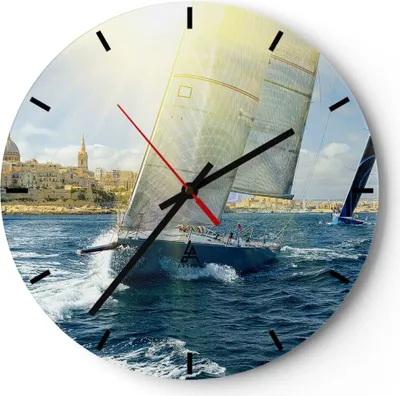 Produktbild von Wanduhr - Rund - Glasuhr - Yacht Meer Welle - 40x40cm - Schleichendes Uhrwerk - Lautlos - zum Aufhängen bereit - Dekoration Modern - Wanddekoration aus Glas - C3AR40x40-4038