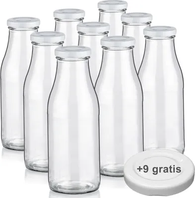 Produktbild von Milchflaschen 0,5L Smoothie Saft Flaschen 500ml leere Glasflaschen Deckel BPA frei, 9 Milchflaschen mit 18 Deckeln