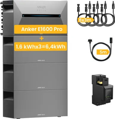 Produktbild von Balkonkraftwerk Speicher 6.4 kWh, Anker Solix Solarbank 2 E1600 Pro mit Erweiterungsakku x 3 und Anker SOLIX Smarten Zähler