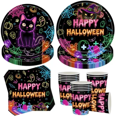 Immagine prodotto di Set di stoviglie per feste di Halloween, 50 pezzi: piatti, bicchieri, tovaglioli