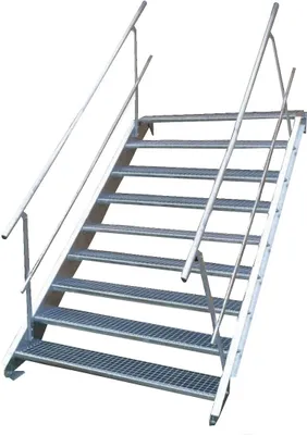 A metal staircase with handrails against a white background.