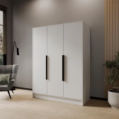 Image de Armoire à portes battantes PAVIA 150 cm Armoire moderne avec portes lisses, blanche avec poignées noires