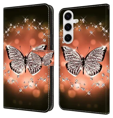 Produktbild von CLM-Tech Handyhülle kompatibel mit Samsung Galaxy A16 5G Hülle - Tasche aus Kunstleder - Klapphülle mit Ständer und Kartenfächern - Schutzhülle Wallet Case Cover Schmetterling Diamanten Muster