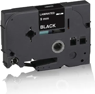 A black label tape cartridge for a P-Touch printer.