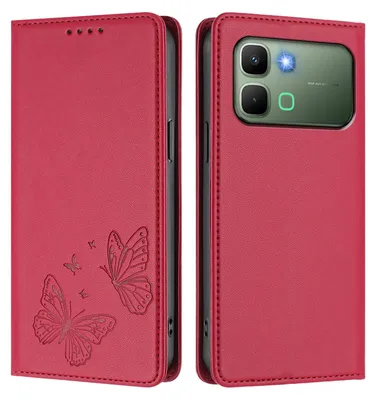 Image de Étui en cuir pour Infinix Note Edge, étui de protection en cuir gaufré motif papillon avec support, rouge