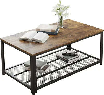 Obrázok produktu pre Konferenčný stolík Relaxdays, industriálny štýl, VxŠxH: 45 x 106 x 60 cm, vzhľad dreva, mriežková odkladacia plocha, stolík do obývačky, hnedý/čierny