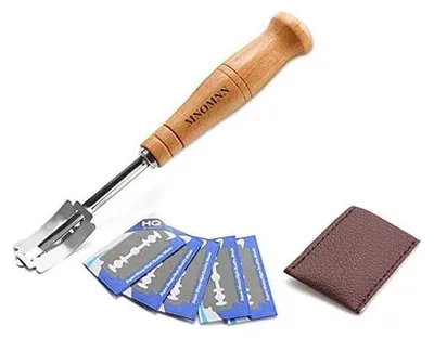 Produktbild von Brotmesser, Brotmesser, Bäckermesser mit 5 Edelstahlklingen, Lederschutzhülle, für Baguette Teig Brezel