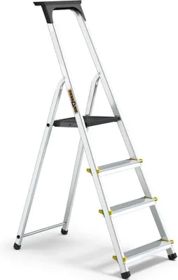 Immagine prodotto di Scala domestica in alluminio a 4 gradini, portata 150 kg, con piedini antiscivolo e piattaforma di lavoro, multifunzionale, 43 x 145 x 12 cm
