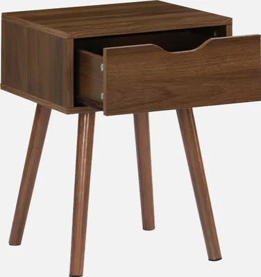 A brown wooden nightstand with one drawer partially open, shown from a side angle.