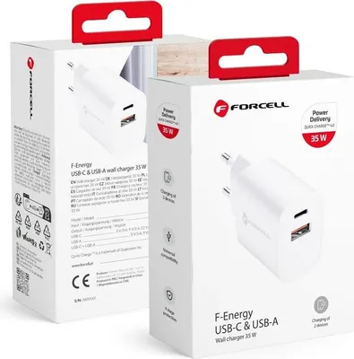 Image de Chargeur secteur Forcell - 3A 35W avec deux connecteurs : USB type C et USB A avec PD et charge QC 4.0